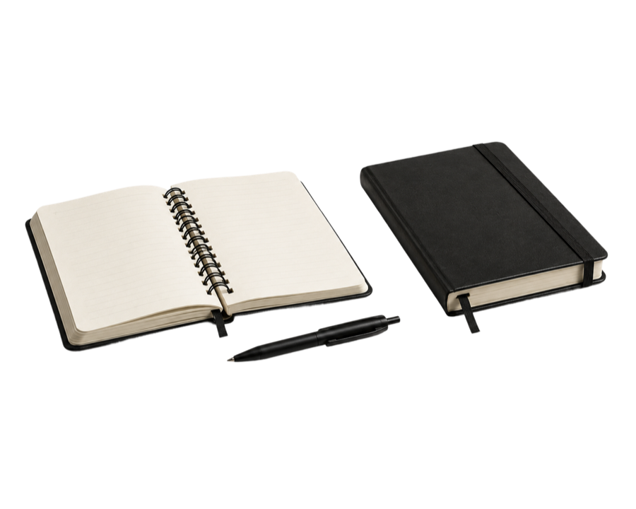 Black Moleskine notebook and pen