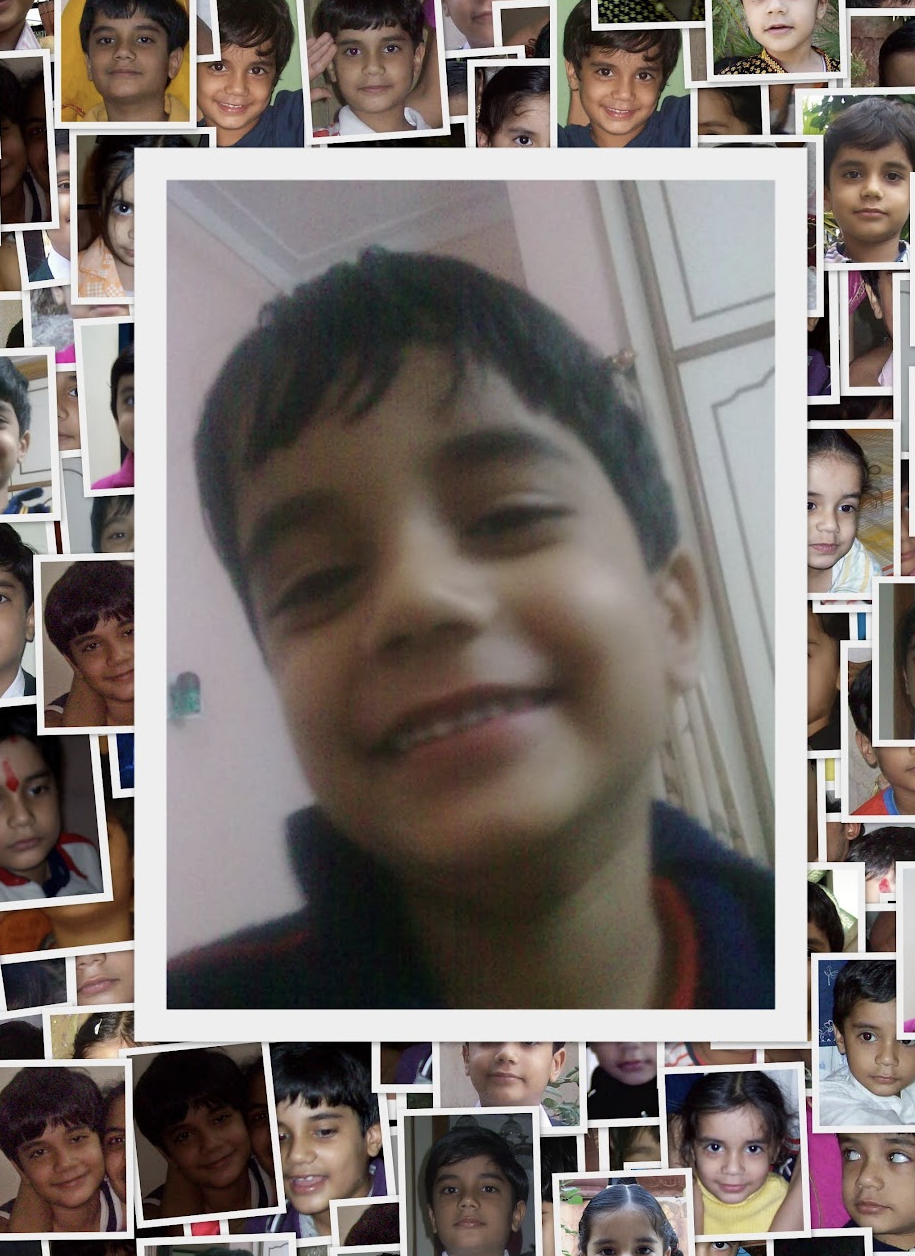 A childhood photo of Ishan, framed inside a collage of old school photos.